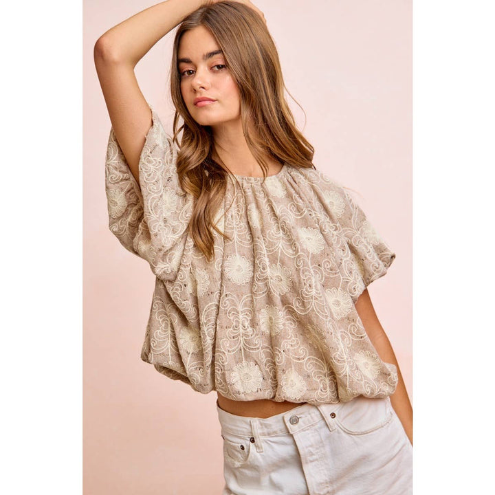 Women's Short Sleeve - FLOWER EMBROIDERED SHIRRED NECKLINE BUBBLE HEM TOP - - Cultured Cloths Apparel