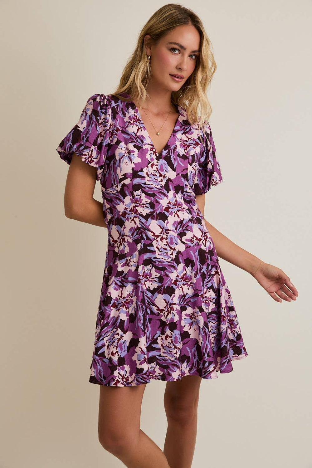 Women's Dresses - V-NECK PUFF SHORT SLEEVE FLARE HEM FLORAL MINI DRESS - - Cultured Cloths Apparel