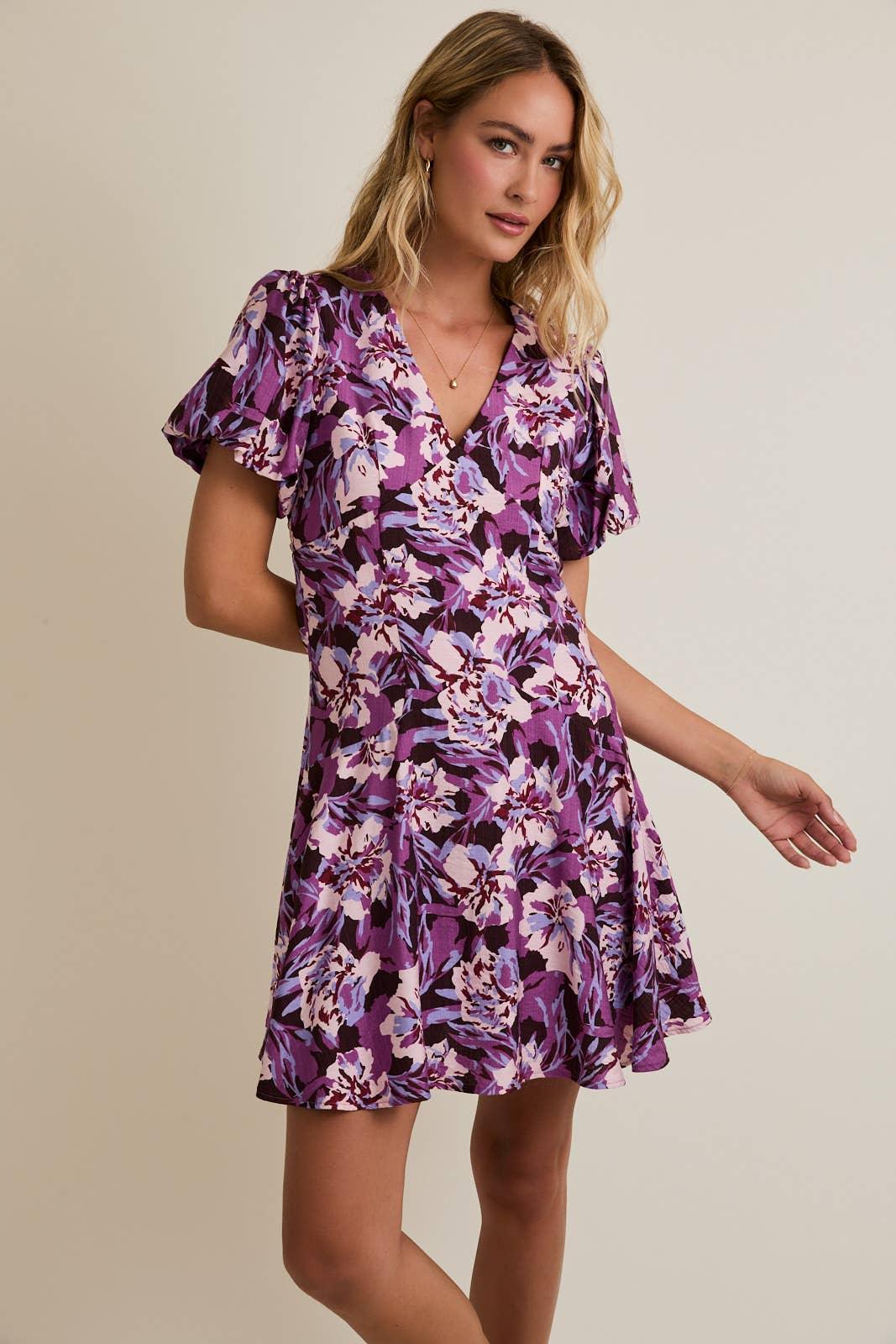 Women's Dresses - V-NECK PUFF SHORT SLEEVE FLARE HEM FLORAL MINI DRESS - - Cultured Cloths Apparel