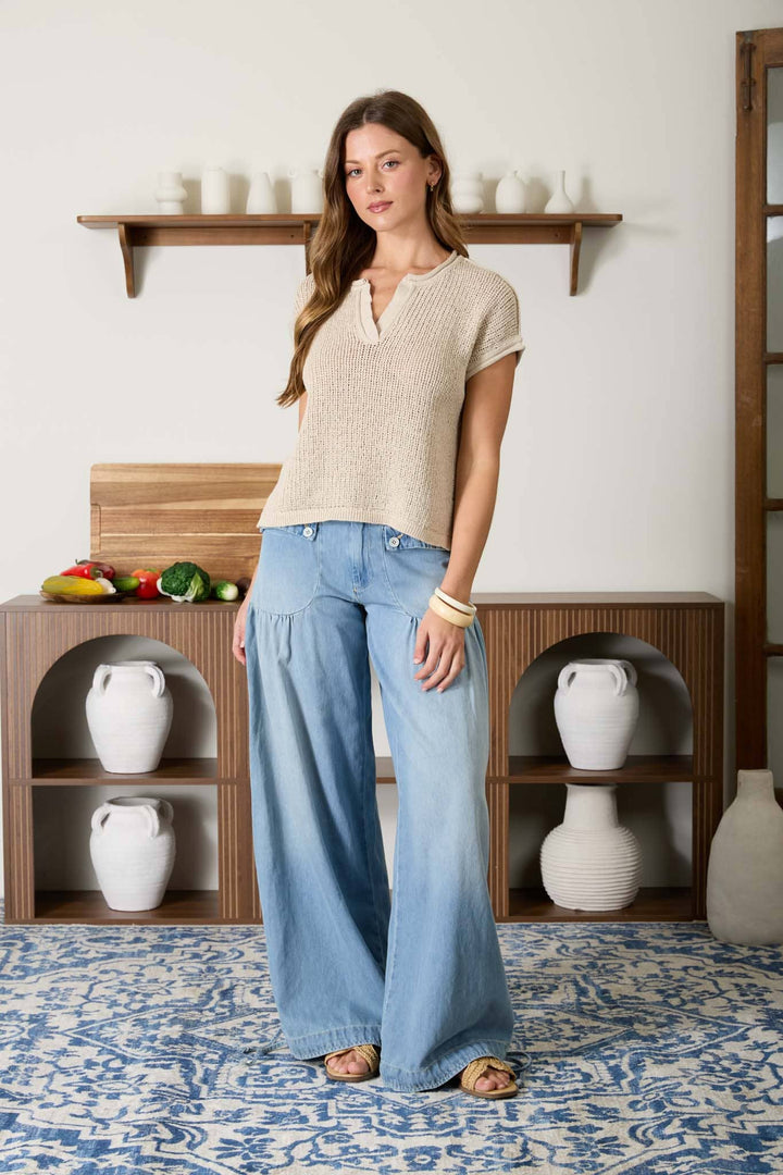 Women's Short Sleeve - SPLIT NECK RAW EDGE SHORT SLEEVE SHEER KNIT TOP - - Cultured Cloths Apparel