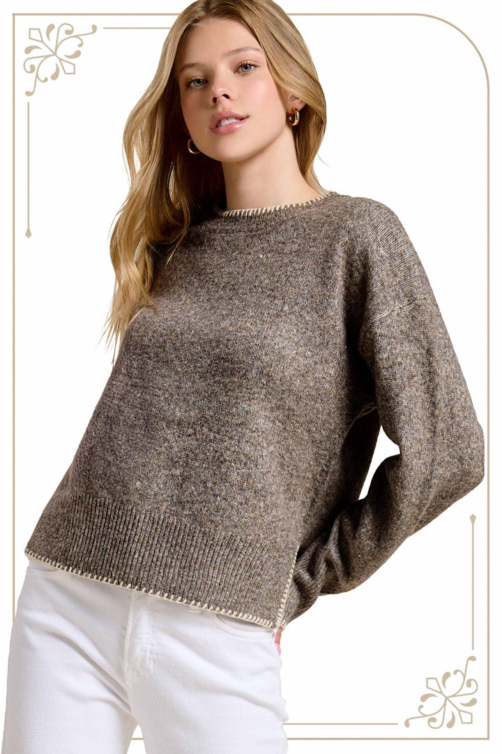 Hi-Low Crew Neck Sweater W/ Contrast Blanket Stitch