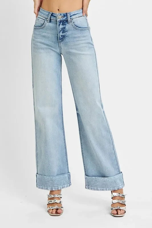 Denim - RISEN Full Size Tummy Control High Rise Ankle Wide Cuffed Jeans - - Cultured Cloths Apparel