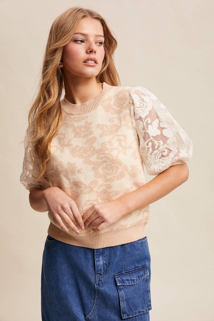 Women's Short Sleeve - Rose Embroidered Contrast Knit Top - - Cultured Cloths Apparel