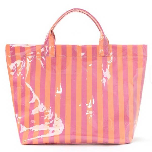Accessories, Bags - Large Striped Vinyl Tote Bags | 40P595 - FUCHSIA ORANGE - Cultured Cloths Apparel