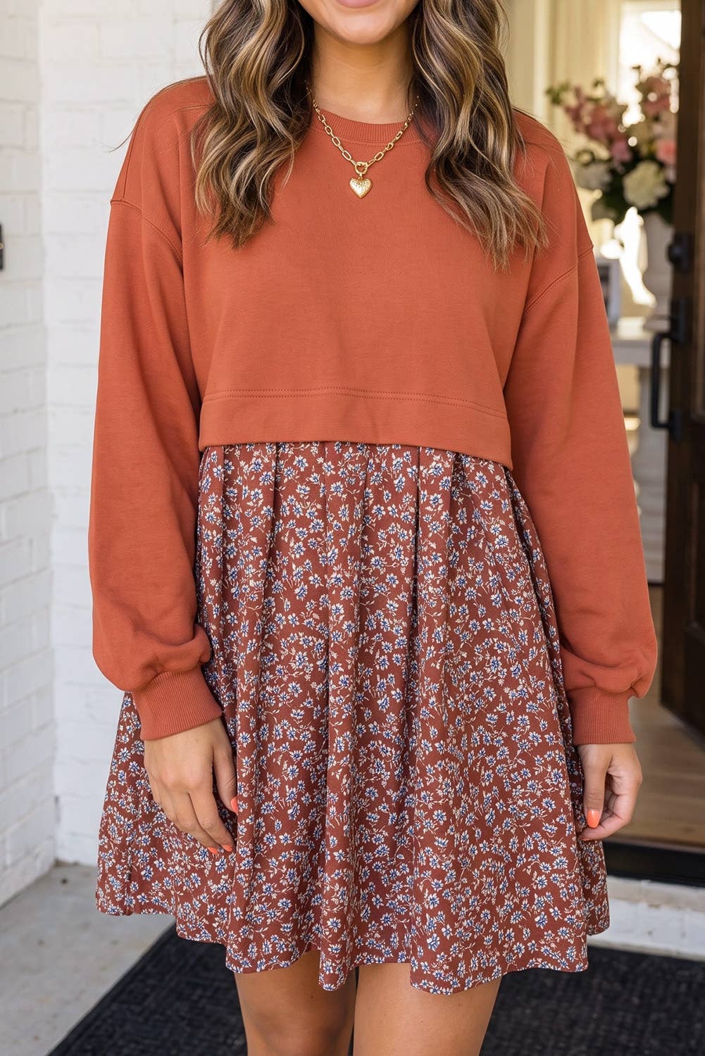 Fall Floral Patchwork Flared Mini Dress (S-XL)
