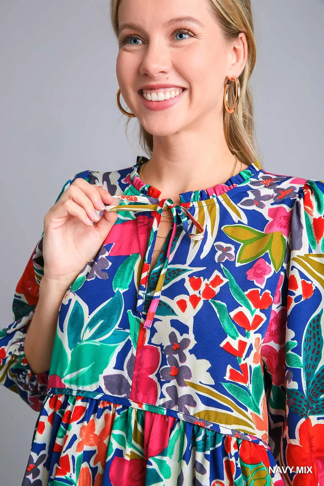 Women's Dresses - Umgee Floral Print Tie Neck Midi Dress with Pockets - - Cultured Cloths Apparel