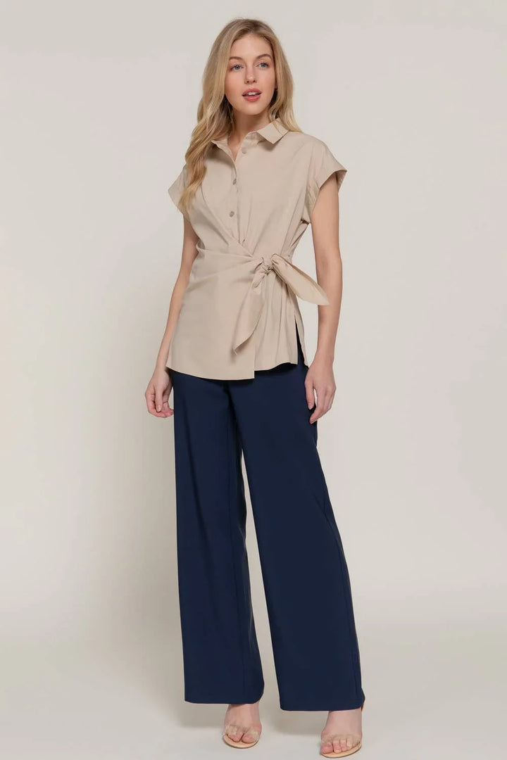 Women's Short Sleeve - Short Dolman Sleeve Button Down Side Knot Poplin Shirt - - Cultured Cloths Apparel