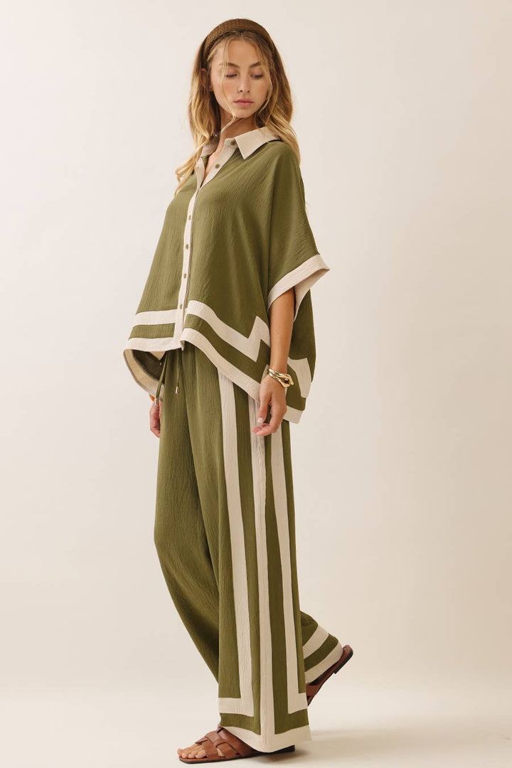 Contrast Trim Shirt With Matching Pants Set