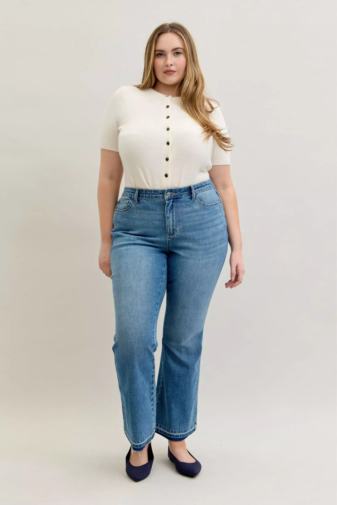 Denim - Judy Blue Full Size Mid Rise Slim Bootcut Tummy Control Release Hem Jeans Plus Size - - Cultured Cloths Apparel