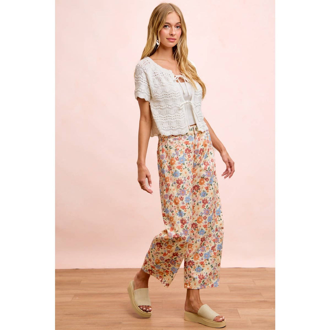 Pants - WASHED FLORAL PRINTED TWILL BARREL PANTS - - Cultured Cloths Apparel
