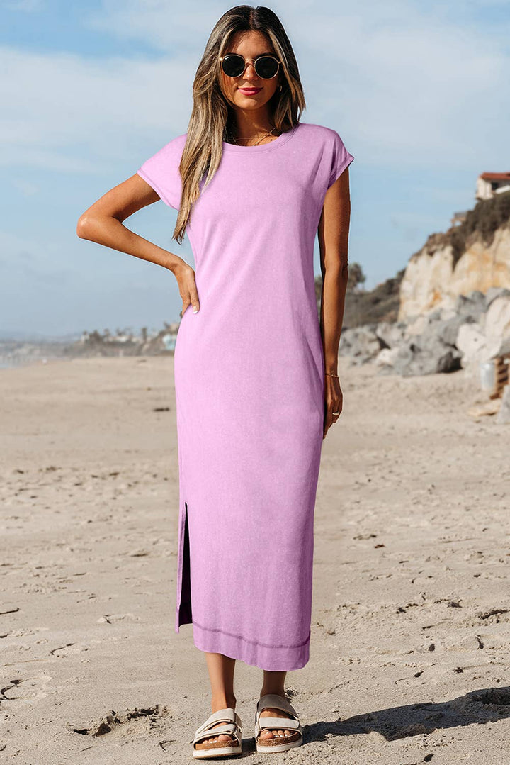 Mineral Wash Pocketed T-shirt Long Dress | S-XL