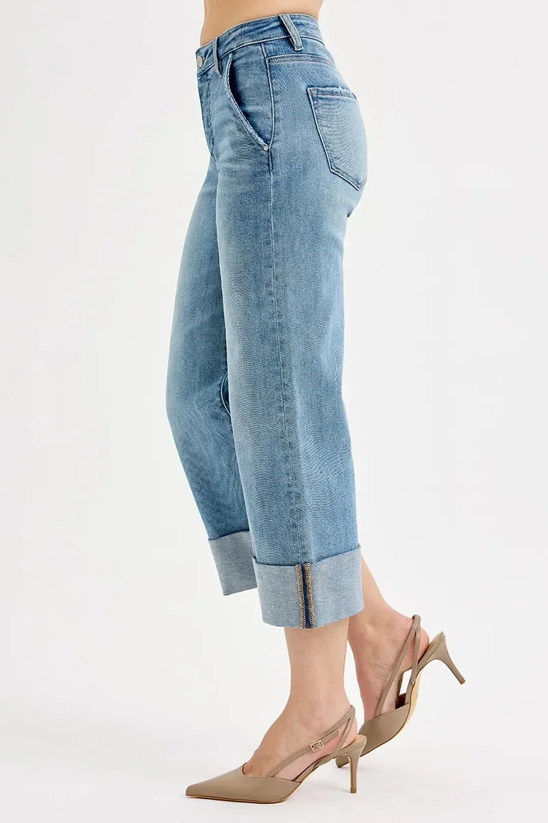 Denim - RISEN Full Size Tummy Control High Rise Ankle Wide Cuffed Jeans Plus Size - - Cultured Cloths Apparel