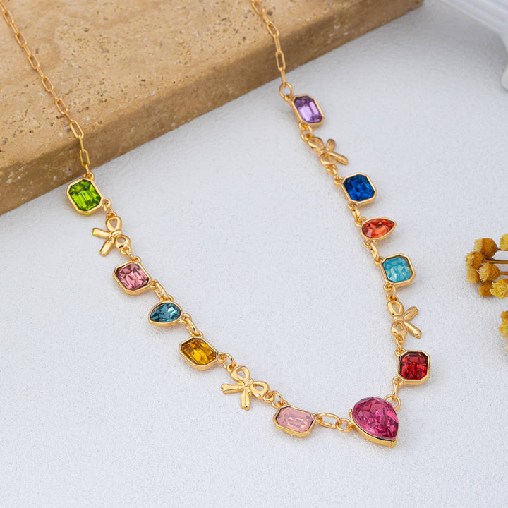 Accessories, Necklaces - Multi color Teardrop Square Crystal Bow Necklace | 80N93253 - - Cultured Cloths Apparel