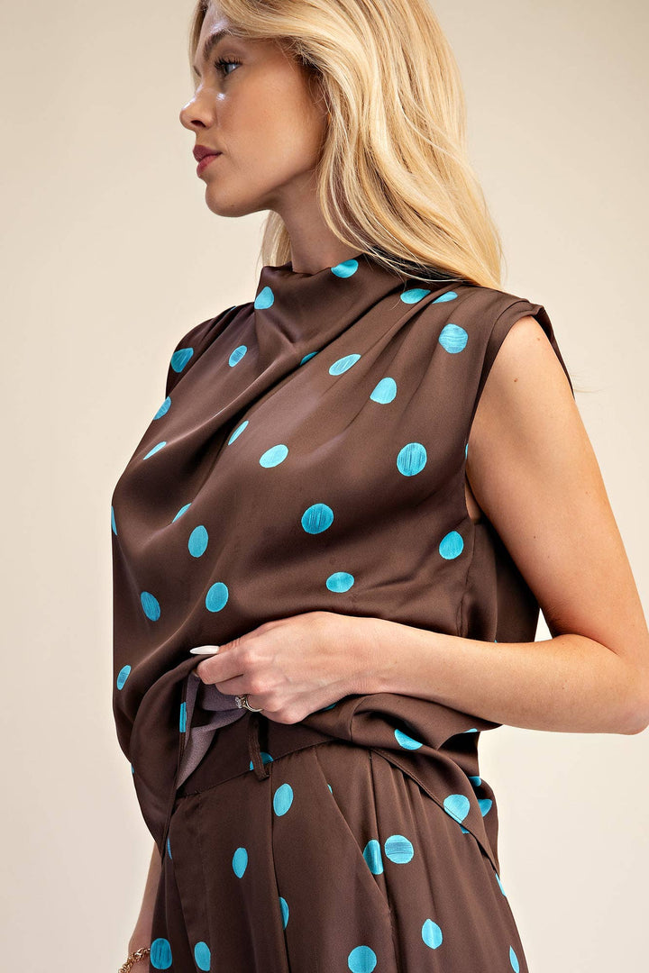Cowl Mock Neck Pleats Shoulder Sleeveless Top Polka Dot