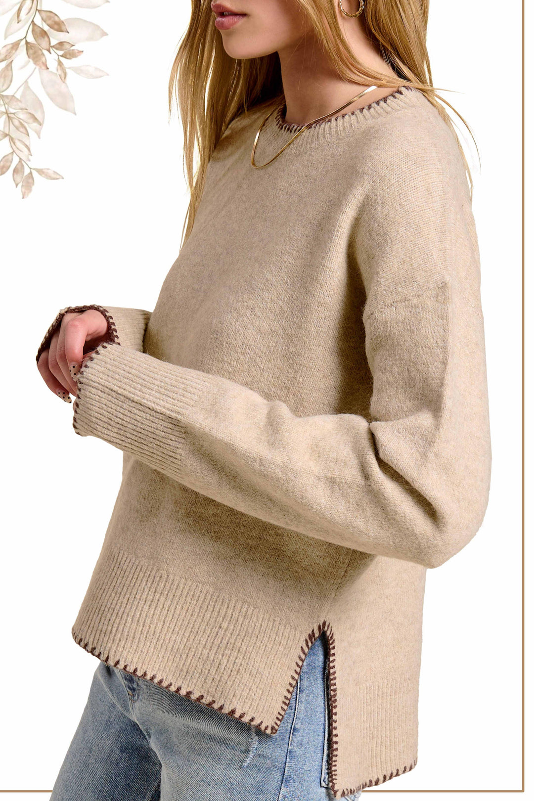 Hi-Low Crew Neck Sweater W/ Contrast Blanket Stitch