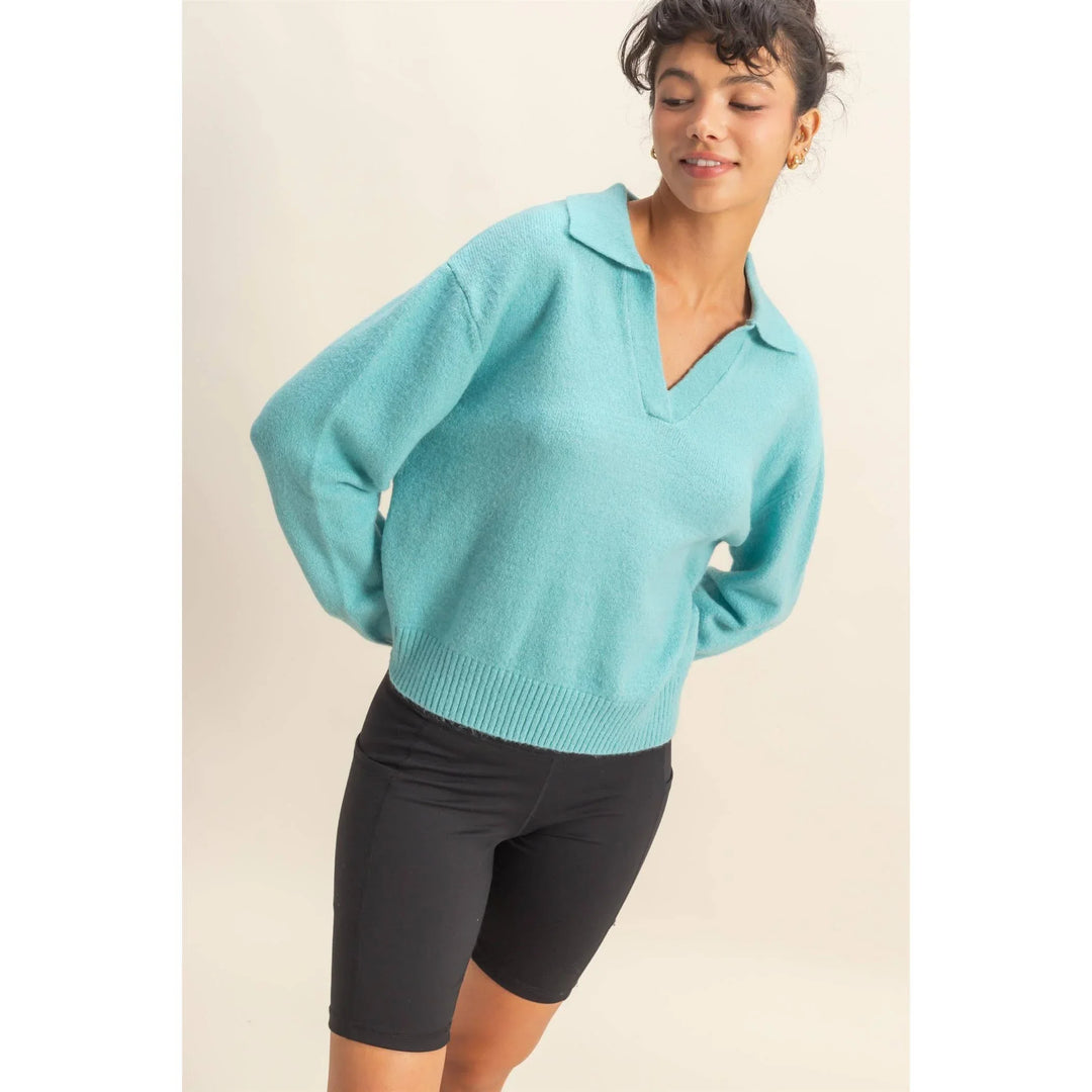 Women's Sweaters - Collared V Neck Sweater - SKY BLUE - Cultured Cloths Apparel