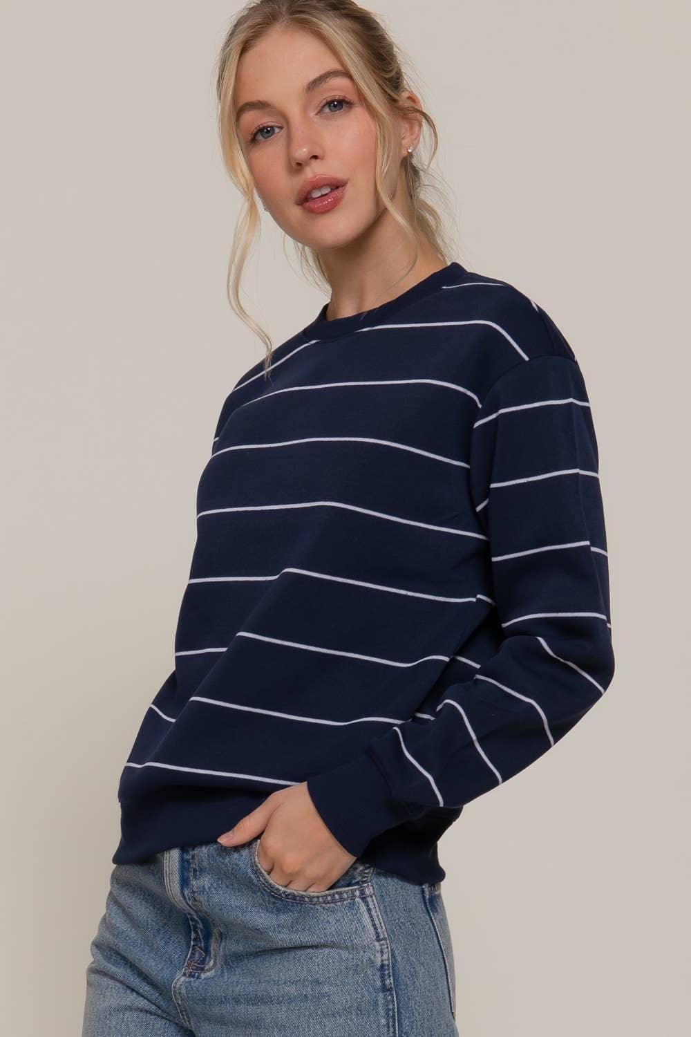 Women's Sweaters - Long Sleeve Engineer Stripe Inner Fleece Sweatshirt - - Cultured Cloths Apparel