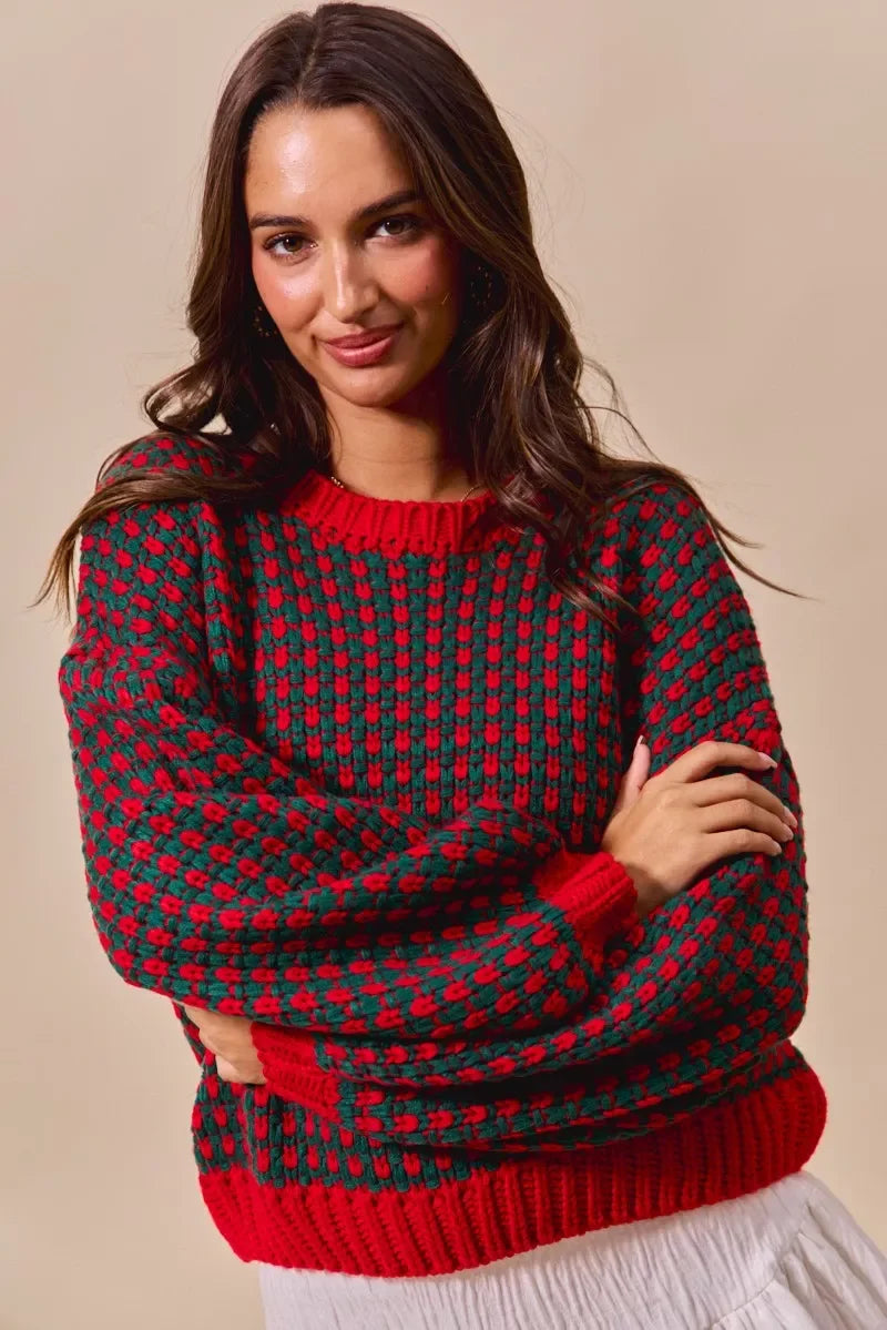 Women's Sweaters - SO ME Textured Two Tone Sweater - RED/HUNTER - Cultured Cloths Apparel