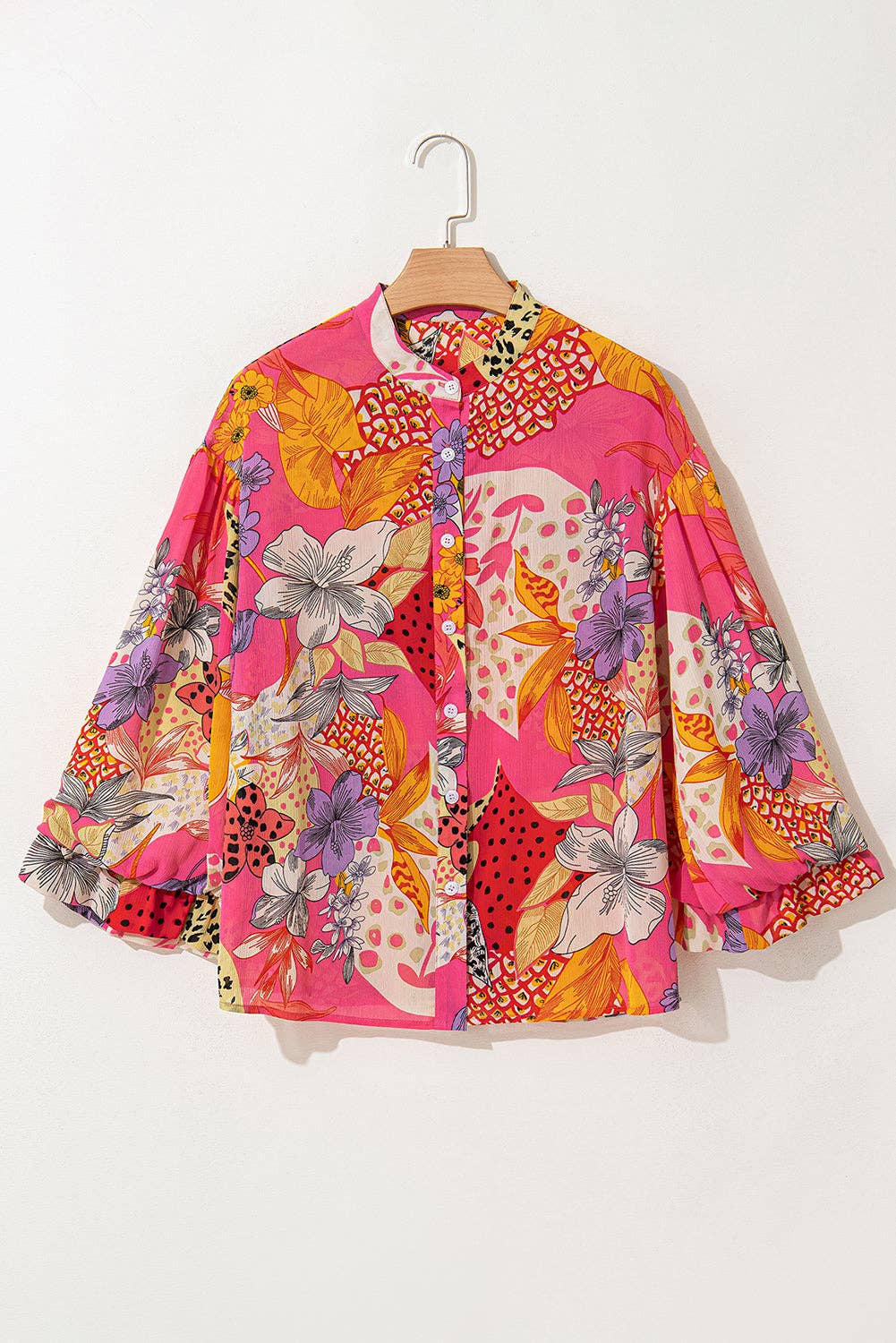 Women's Long Sleeve - Abstract Buttoned Ruffle Bubble Sleeve Shirt - - Cultured Cloths Apparel