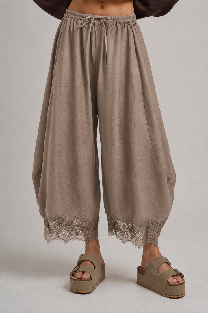 LIGHTWEIGHT FLOWY WIDE BALLOON LEG PANTS WITH DELICATE LACE