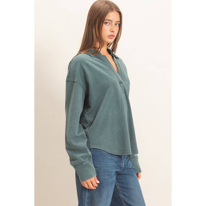 Mineral Washed Polo Collar Long Sleeve Top