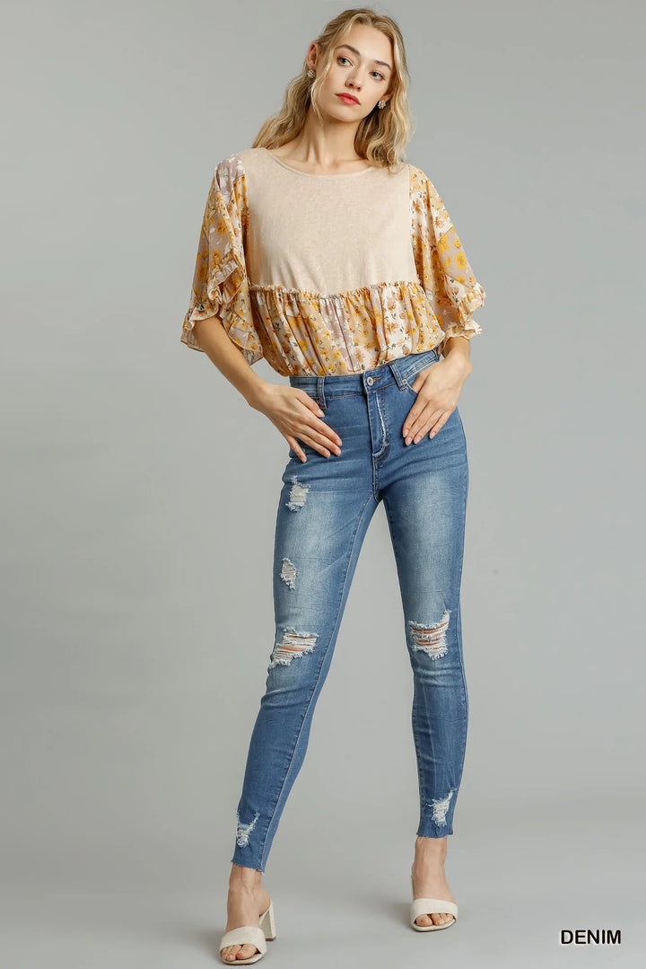 Denim - Umgee Distressed Skinny Jeans with Edge Detail - - Cultured Cloths Apparel