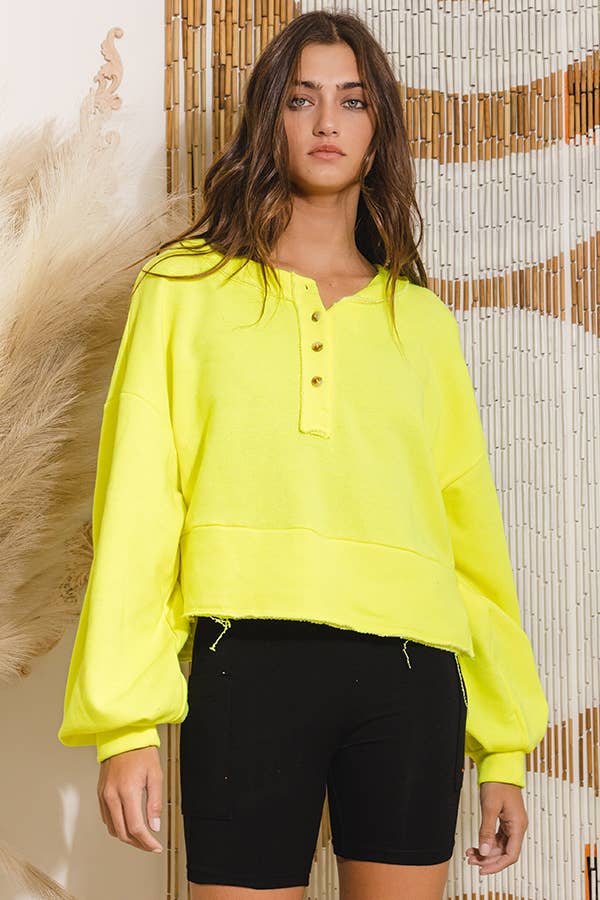 Lantern Sleeve Button-up French Terry Crop Top