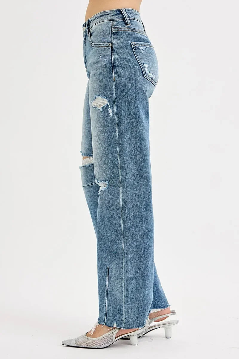 Denim - RISEN Full Size Mid Rise Fit Wide Baggy Leg Tie Washed Jeans - - Cultured Cloths Apparel