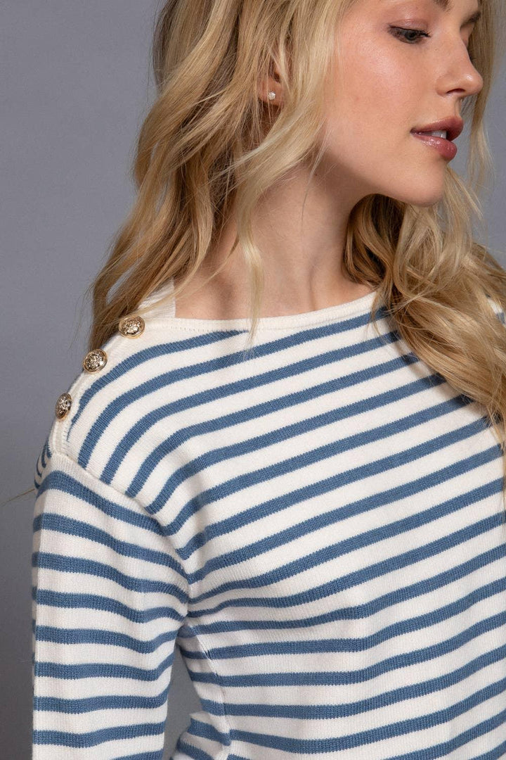 Women's Sweaters - Long Sleeve Buttoned Shoulder Stripe Sweater - - Cultured Cloths Apparel
