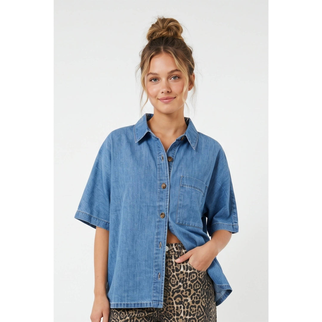Short sleeve denim button up shirt