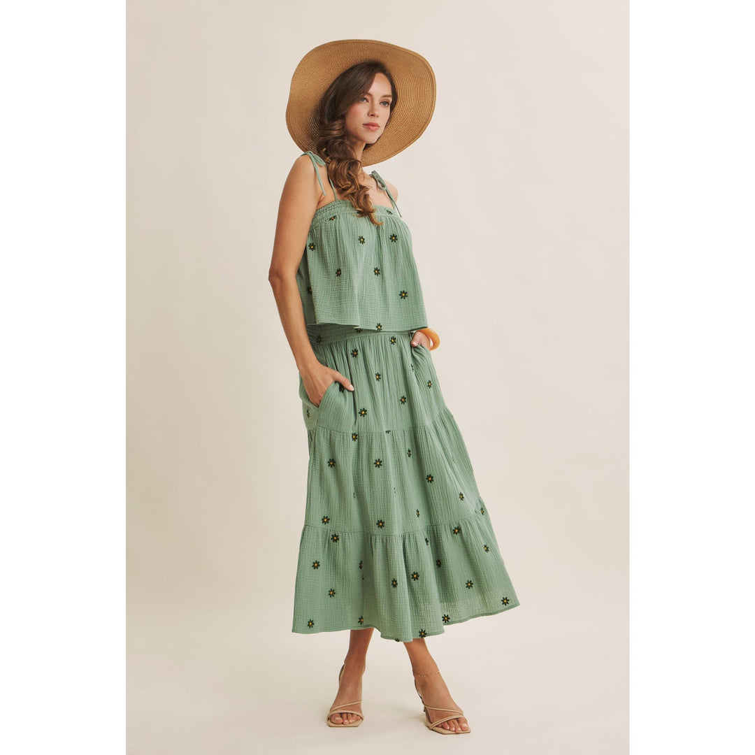 Women's Skirts - SUNSET FIELD EMBROIDERED COTTON GAUZE SMOCKED MIDI SKIRTS - - Cultured Cloths Apparel