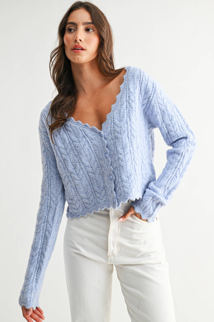Women's Sweaters - Scallop Hem Cable Knit Cardigan - - Cultured Cloths Apparel