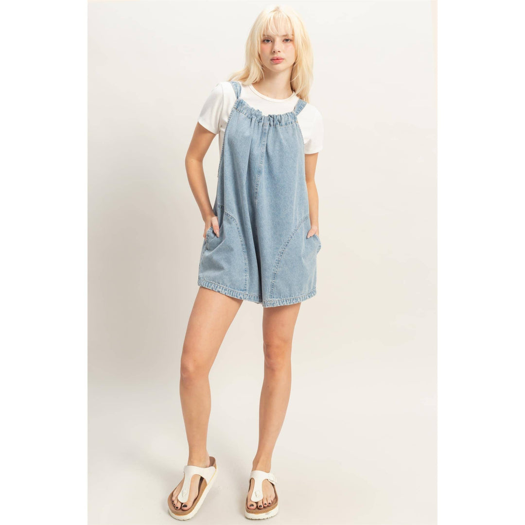 Denim Romper With Gathered Neck