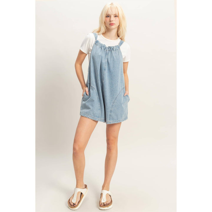 Denim Romper With Gathered Neck