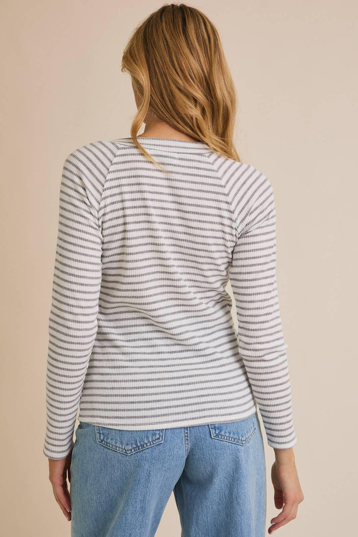 Women's Long Sleeve - ROUND NECK TIE DETAIL LONG SLEEVE STRIPE TOP - - Cultured Cloths Apparel
