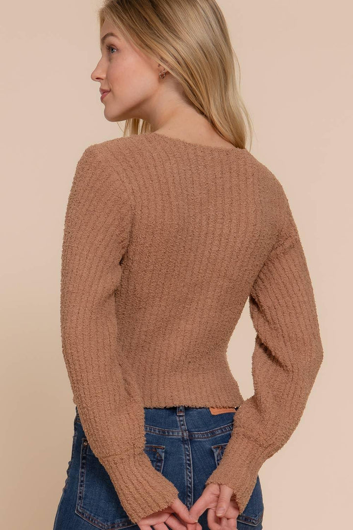 Women's Sweaters - Long Puff Sleeve V-neck Rib Sweater Top - - Cultured Cloths Apparel