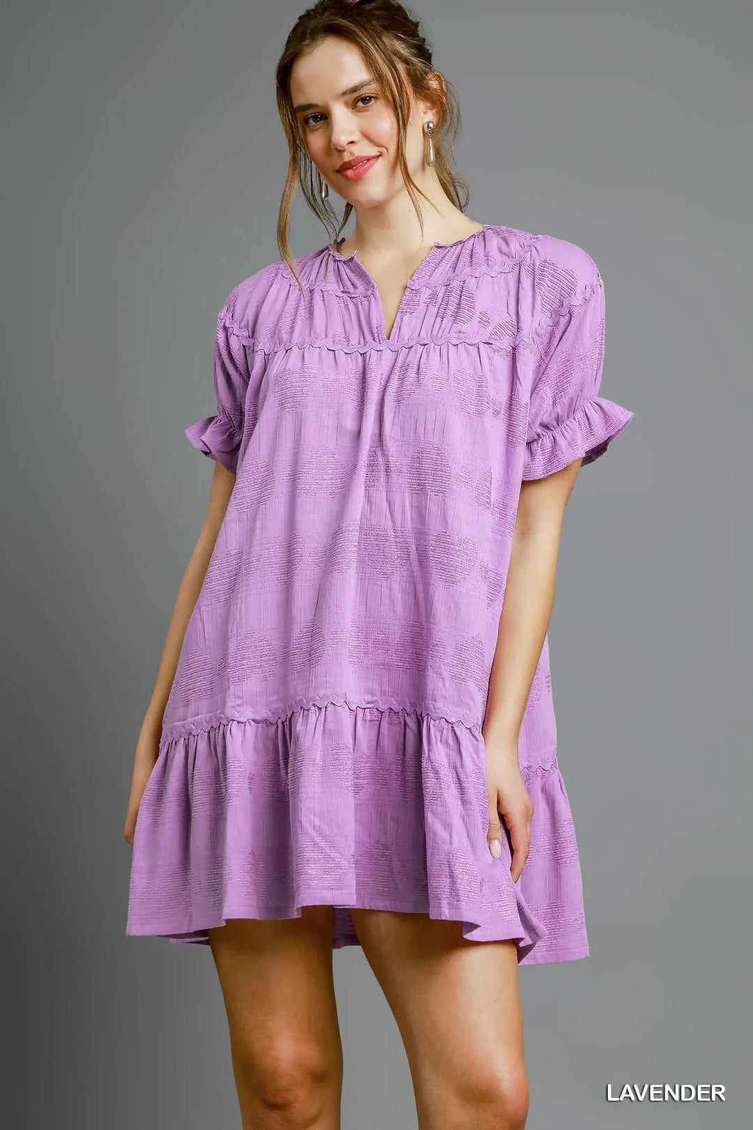 Women's Dresses - Umgee Heart Pattern Short Sleeve Ruffle Babydoll Dress - Lavender - Cultured Cloths Apparel