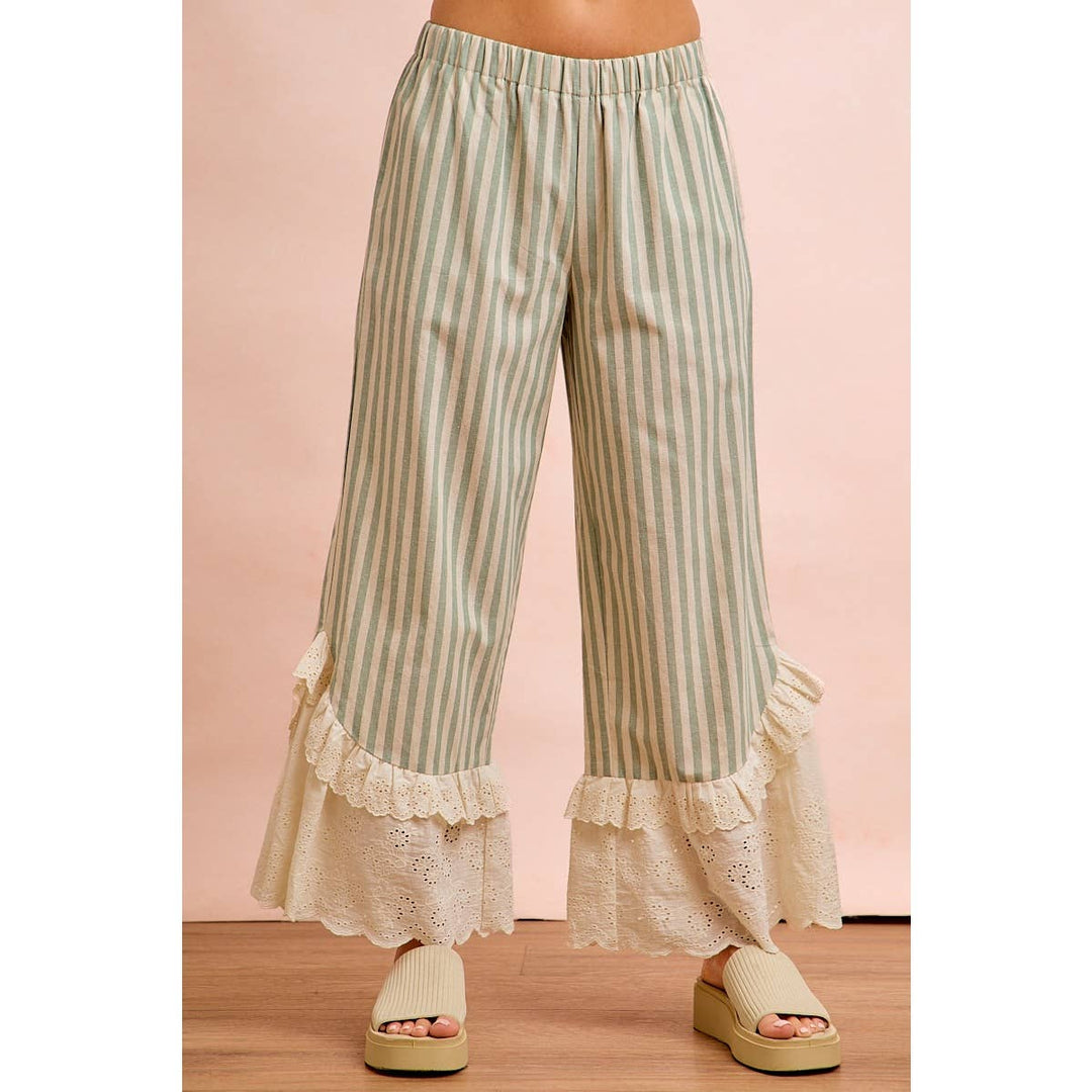 Pants - STRIPE WOVEN RUFFLED LACE HEM PANTS WITH SIDE POCKET - - Cultured Cloths Apparel