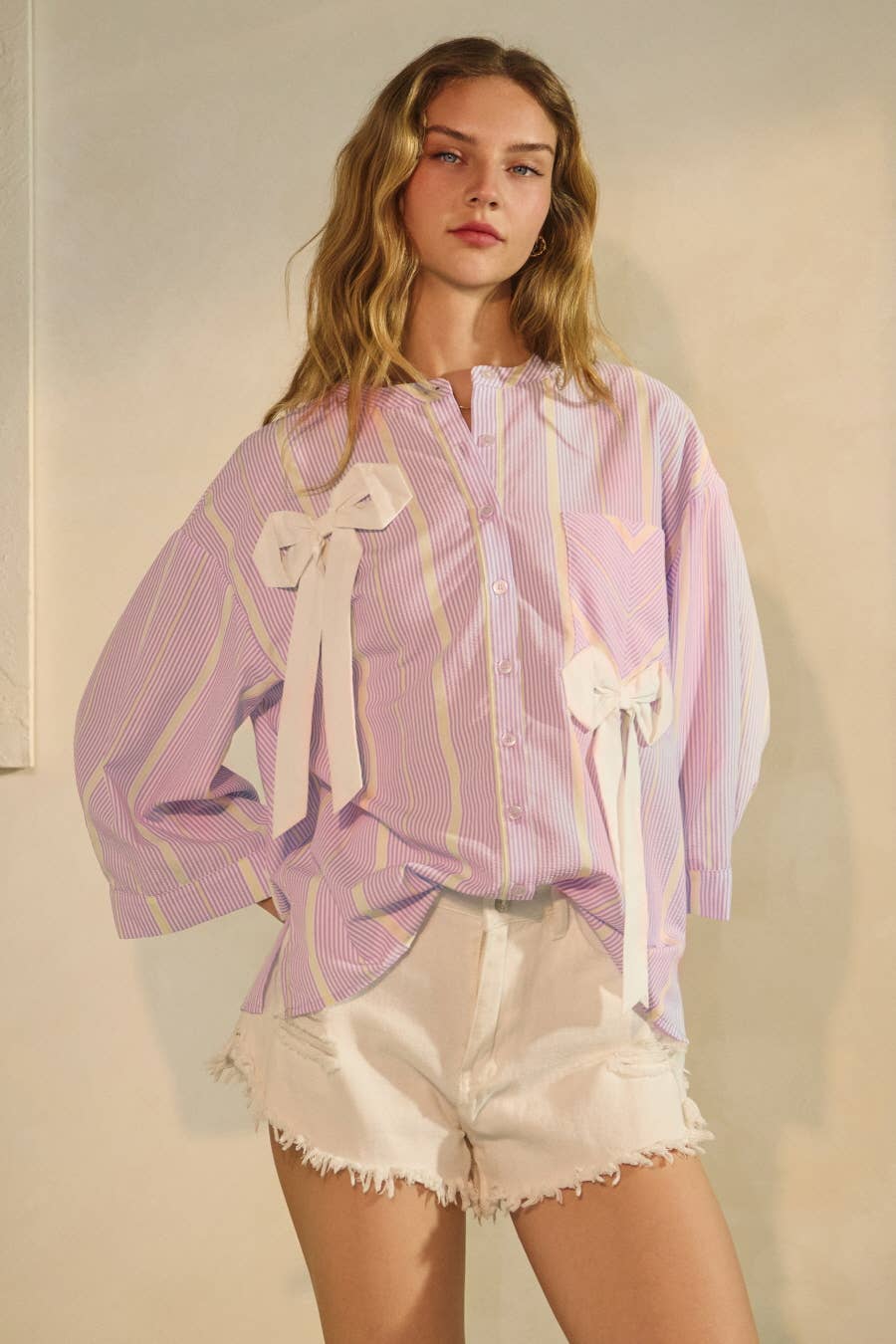 Women's Long Sleeve - Striped Bow Blouse - M - Cultured Cloths Apparel