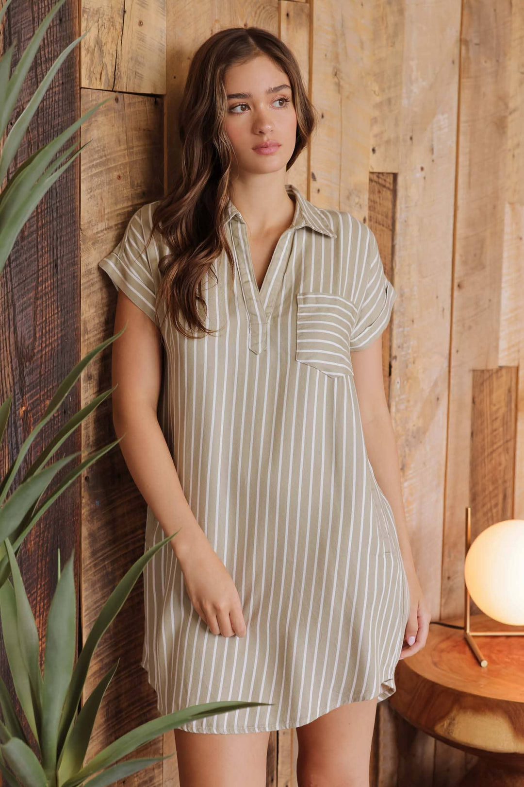 STRIPE COLLARED SHORT SLEEVE MINI SHIRT DRESS OLIVE / Large STRIPE COLLARED SHORT SLEEVE MINI SHIRT DRESS OLIVE / Large