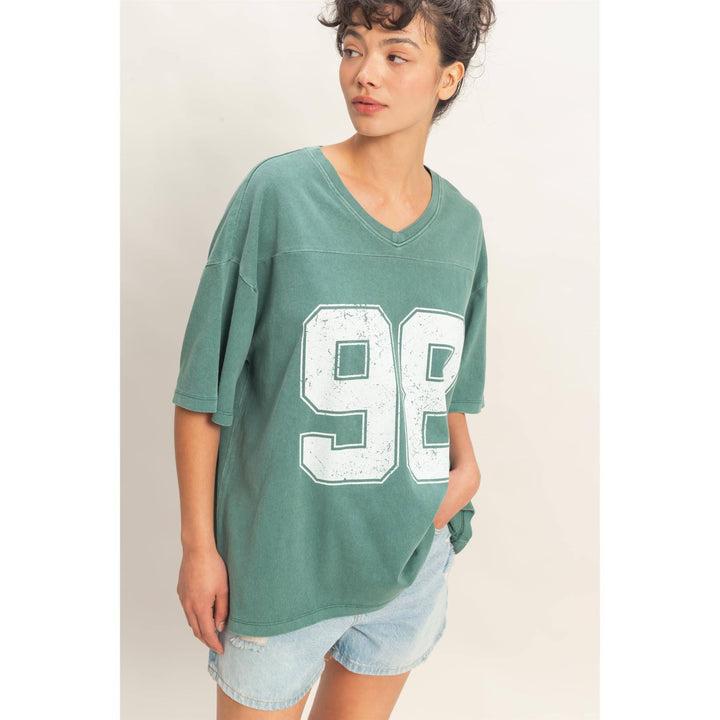 Graphic T-Shirts - Oversized Varsity Style V-Neck Graphic T-Shirt - - Cultured Cloths Apparel