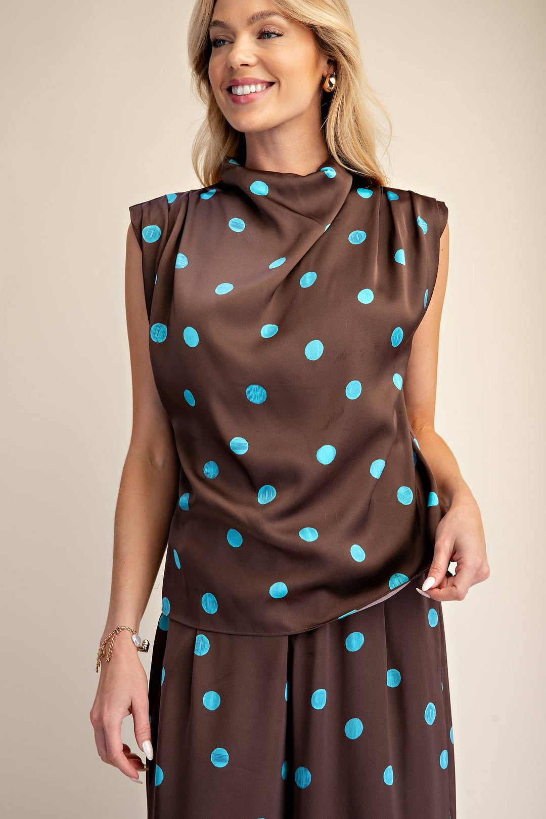Cowl Mock Neck Pleats Shoulder Sleeveless Top Polka Dot