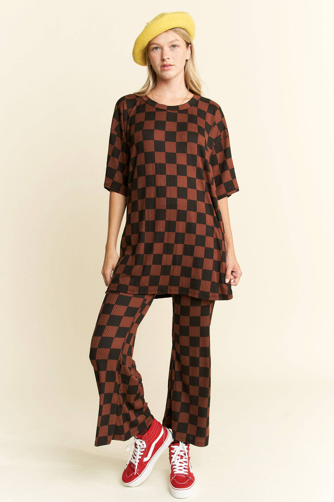RIBBED CHECKERED PRINT TOP/STRAIGHT LEG PANTS SET