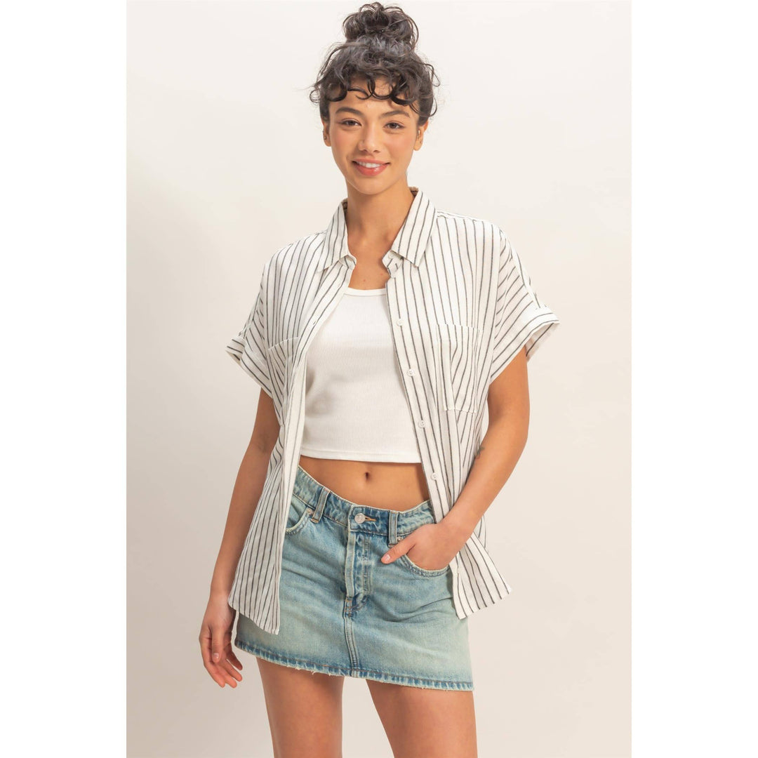 Women's Short Sleeve - Striped Button-Up Dolman Sleeve Shirt - - Cultured Cloths Apparel
