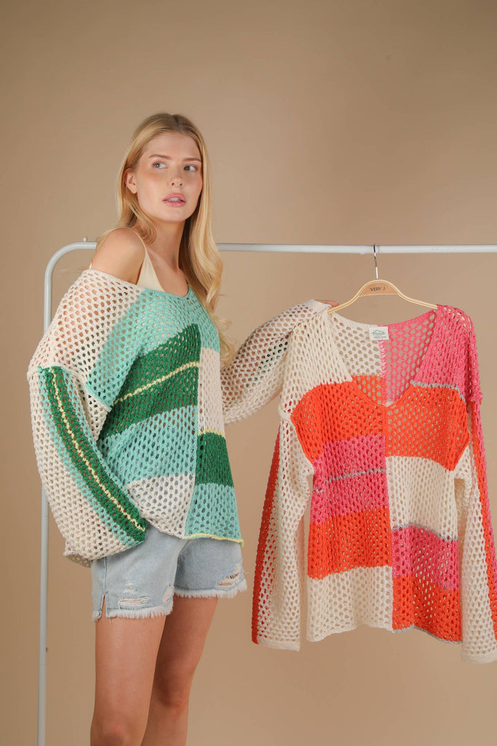 Sweaters & Outerwear - Color Block Oversized Summer Knit Sweater Top - - Cultured Cloths Apparel