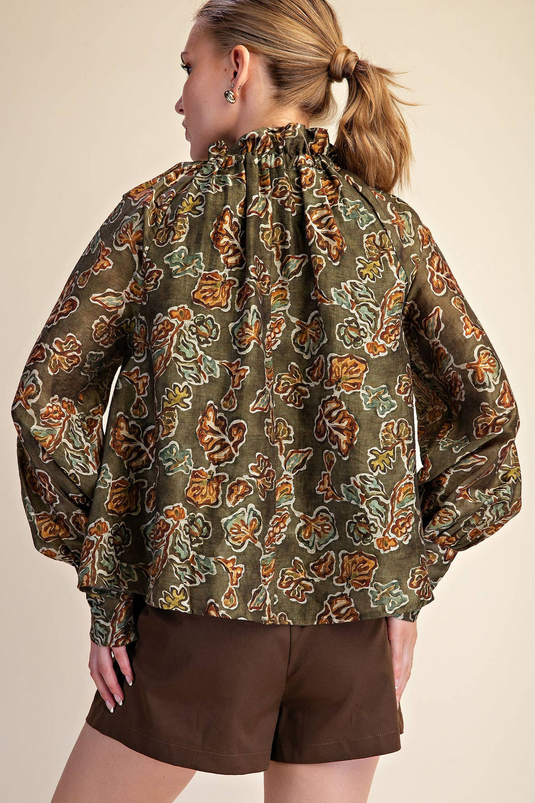 Ruffle Tie Neck Long Sleeve Print Blouse