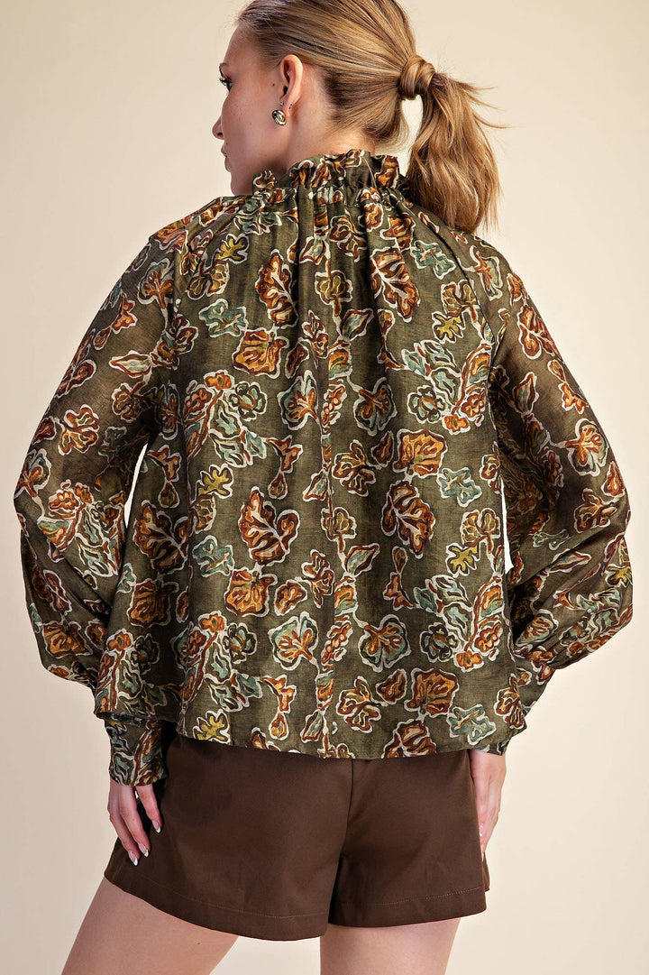 Ruffle Tie Neck Long Sleeve Print Blouse
