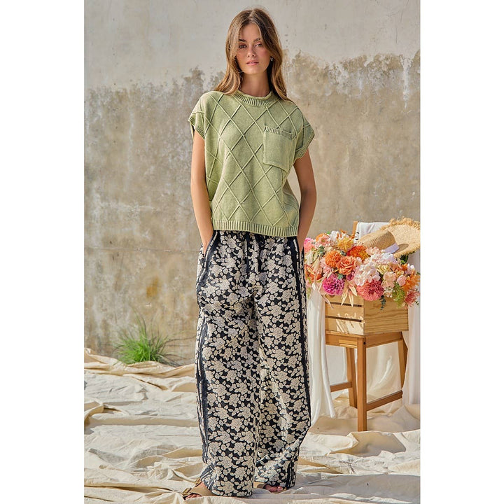 FLORAL JACQUARD SIDE LACE TRIM ELASTIC PANTS