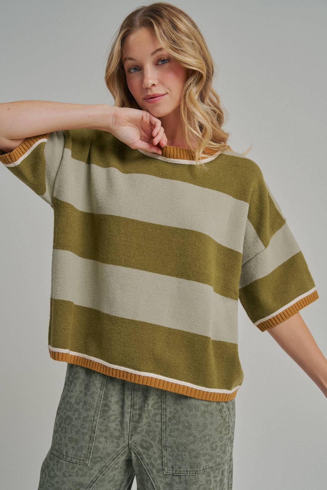 WIDE STRIPE LOOSE FIT DROP SHOULDER SWEATER TOP