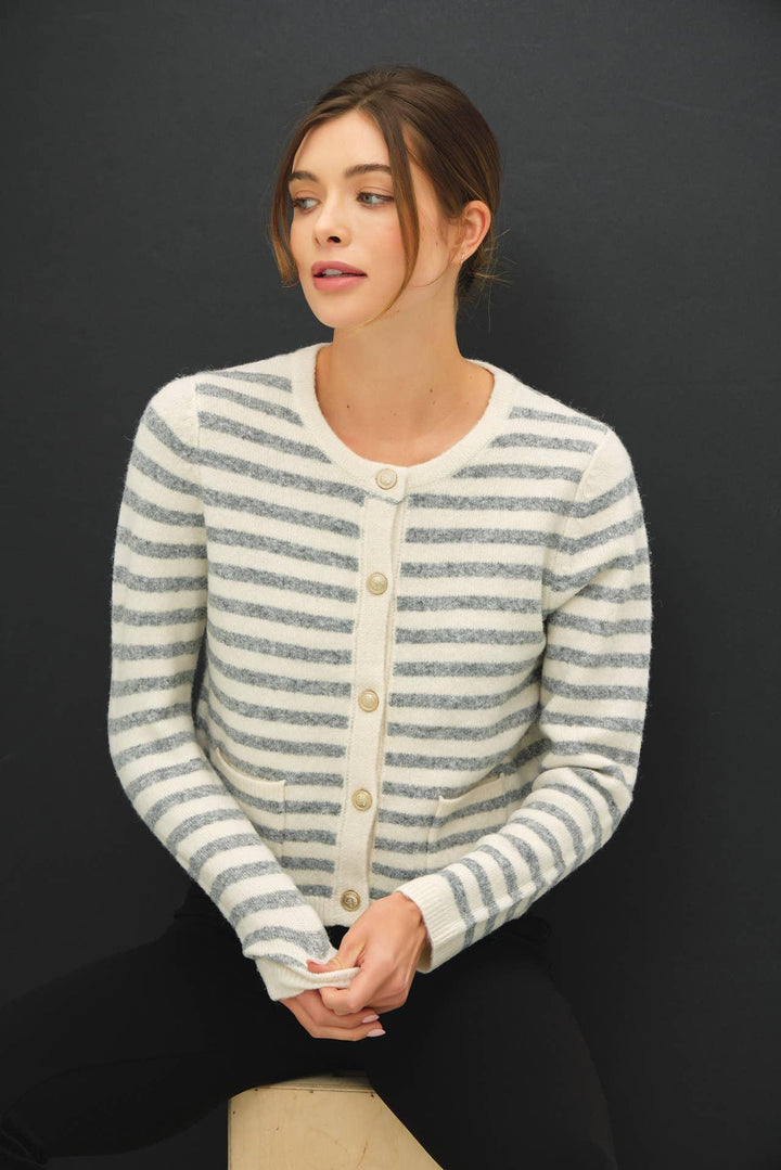 STRIPED WOOL BLEND BUTTON UP CARDIGAN